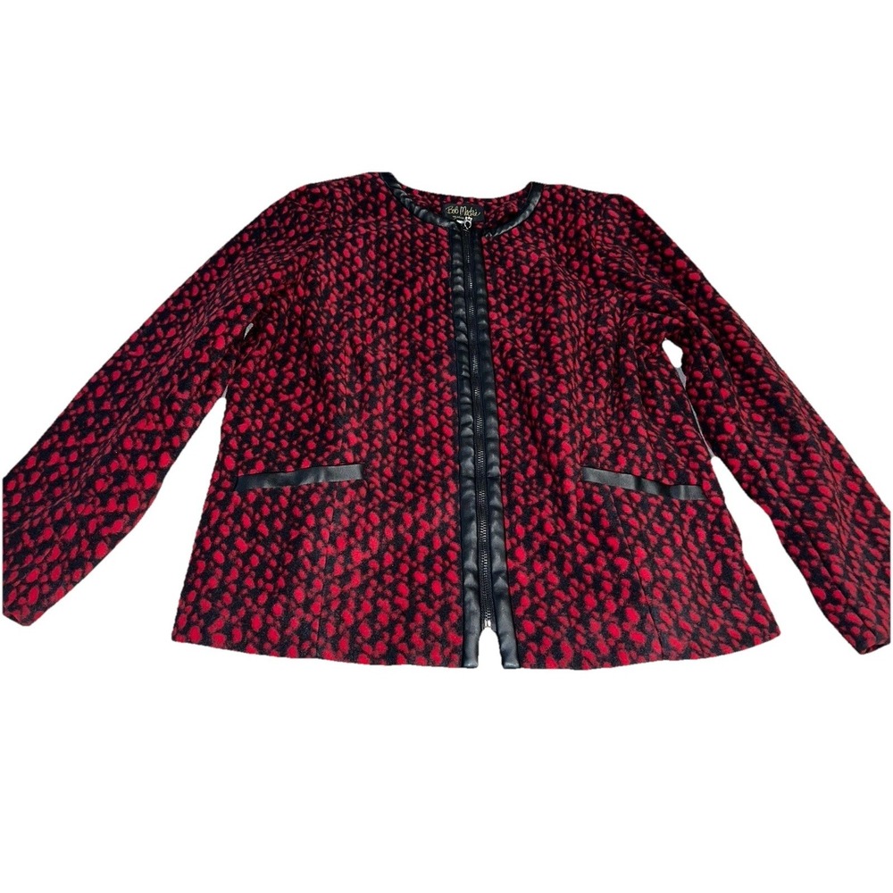 New Bob Mackie Fleece Jacket Red Black Sz Medium Faux Leather Trim Zip Womens